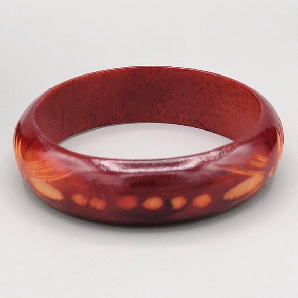Resin Bangle Bracelet Stackable Etched Abstract Design Reddish Brown Vintage - Picture 2 of 6